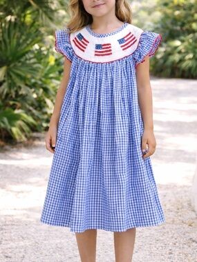 PLEATS & STITCHES Kids Girls Smocked USA Flags Blue Gingham Check Dress Size 6